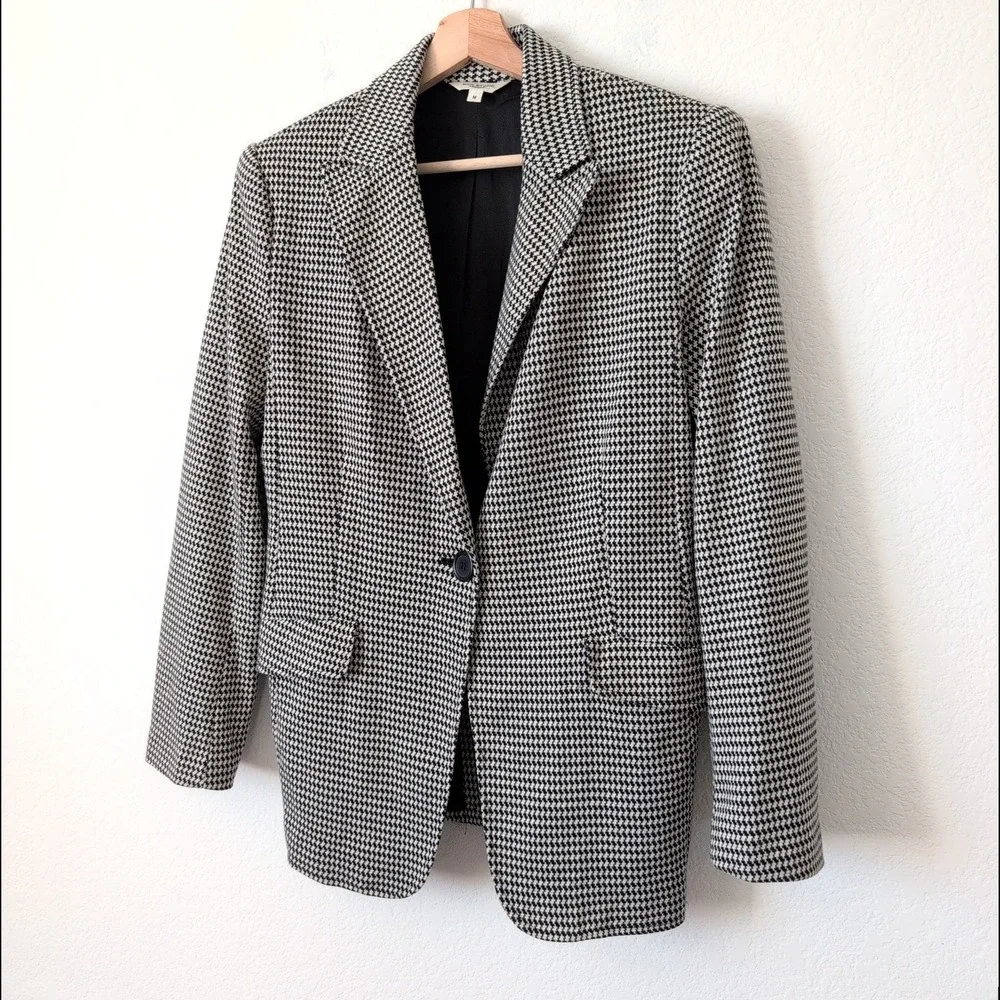 MAX STUDIO LONDON Houndstooth Blazer Jacket Women M Black White Classic Longline